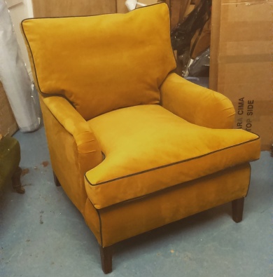 Yellow Velvet Armchair with Navy Piping